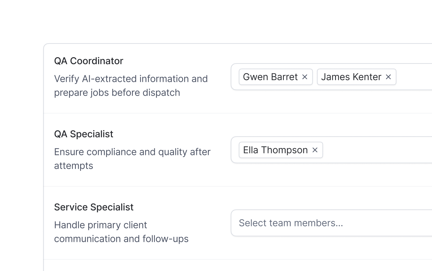 Role assignments — QA Coordinator, QA Specialist, and Service Specialist with team member tags