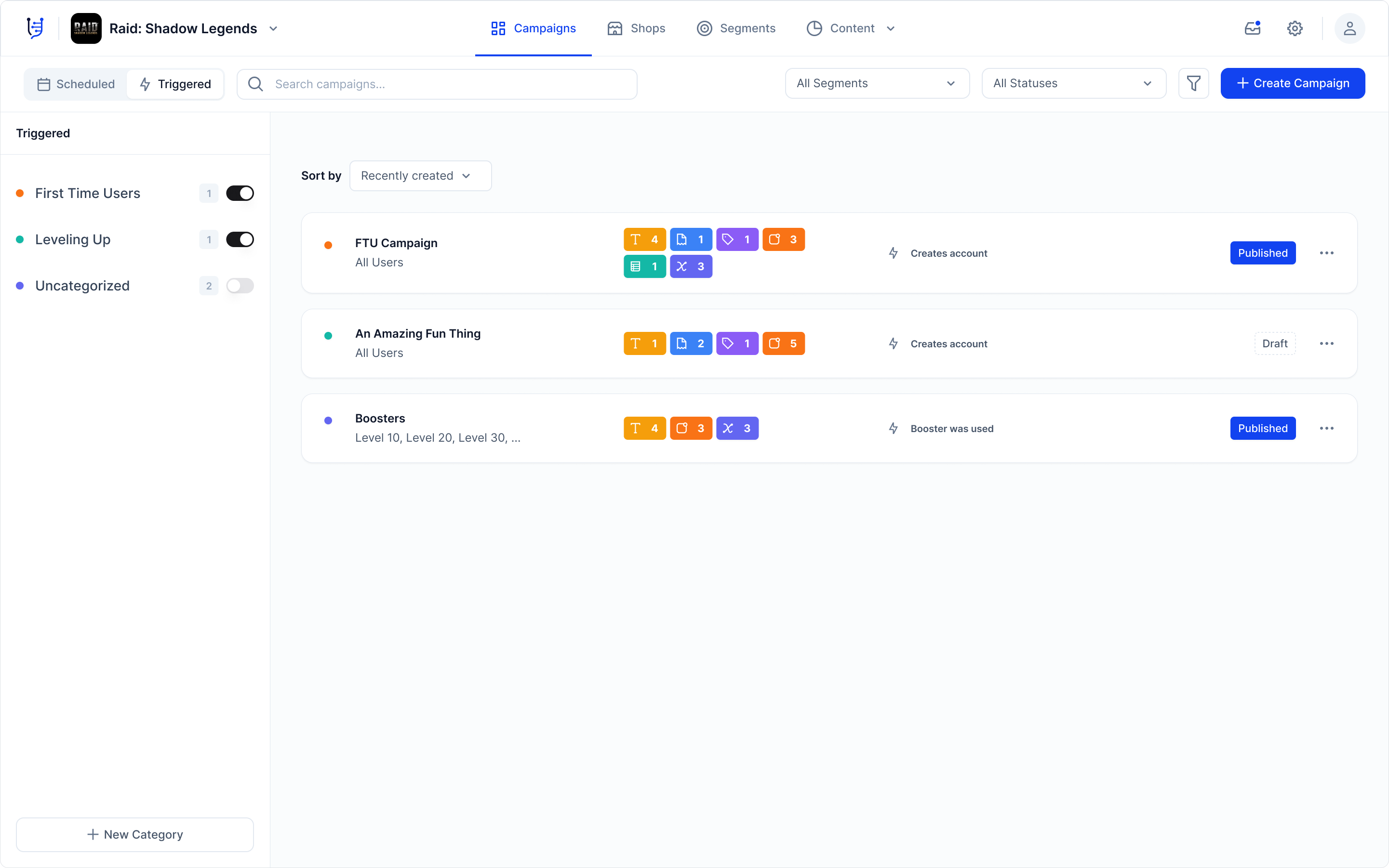 Campaigns root view for Schedule or Triggered campaigns