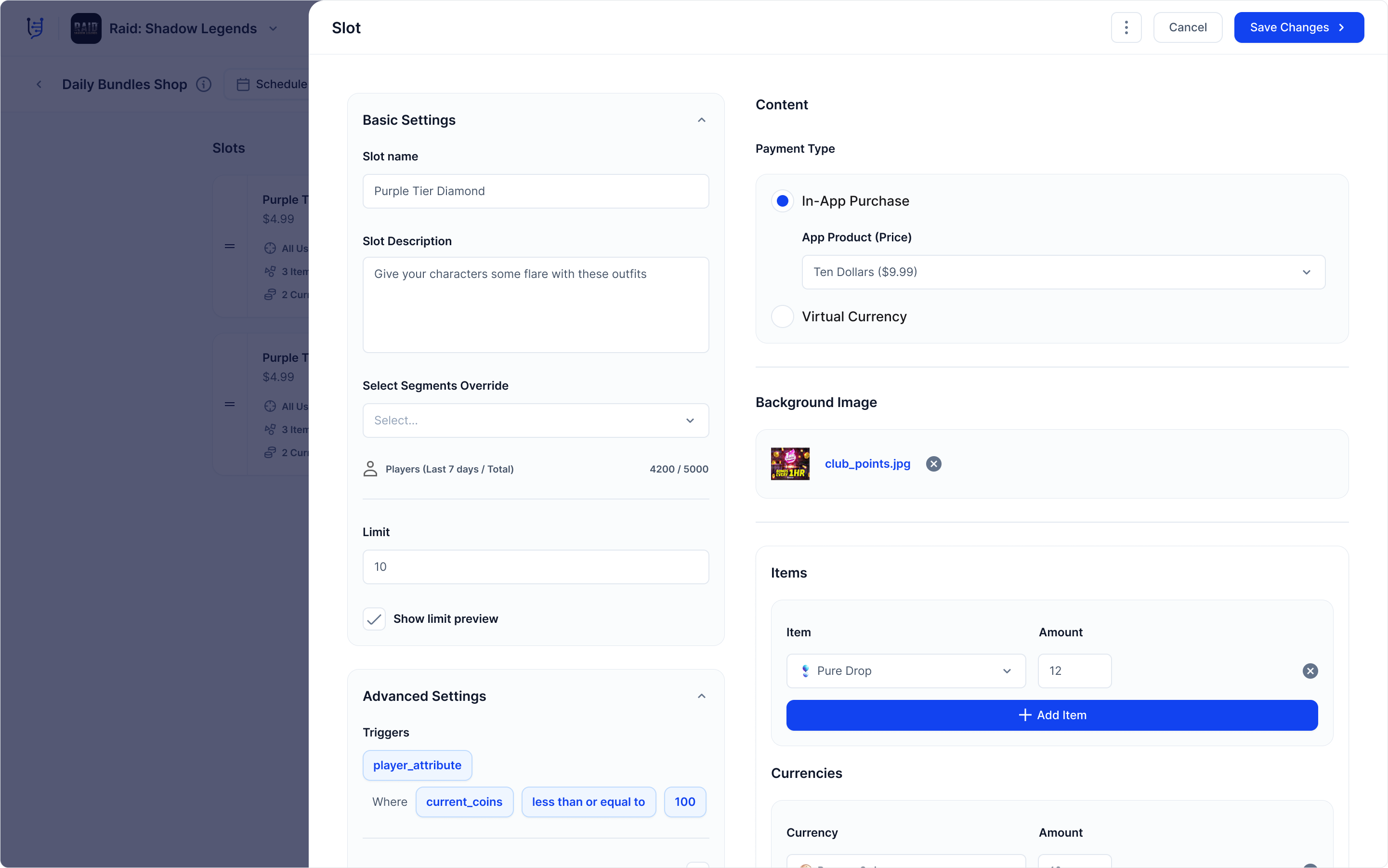 A filled out Slot on the new Shops feature