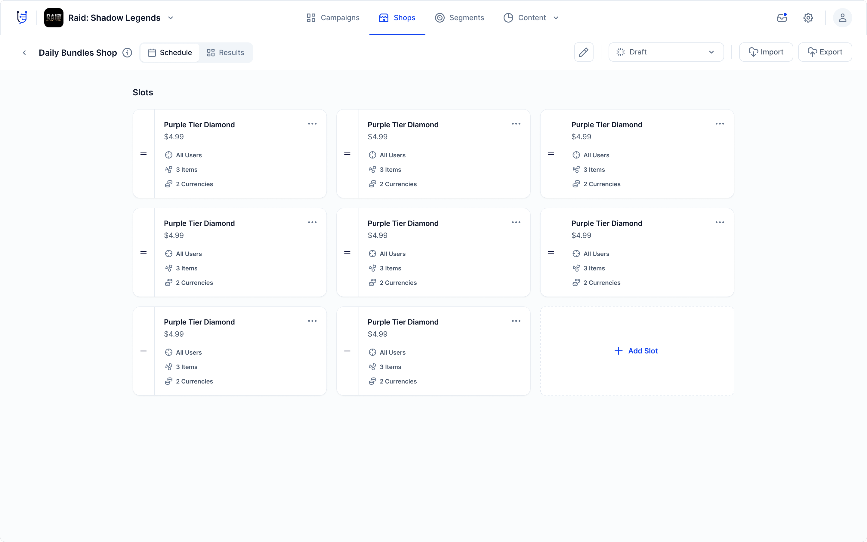 Shops feature showing slots grid with pricing and segment details